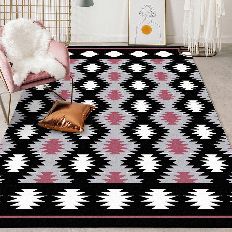 Sikunuo | Southwestern Living Room Rug in Black Geometric Print Rug Polyester Stain Resistant Washable Area Rug