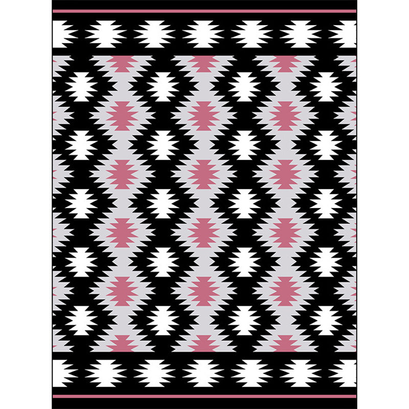 Sikunuo | Southwestern Living Room Rug in Black Geometric Print Rug Polyester Stain Resistant Washable Area Rug