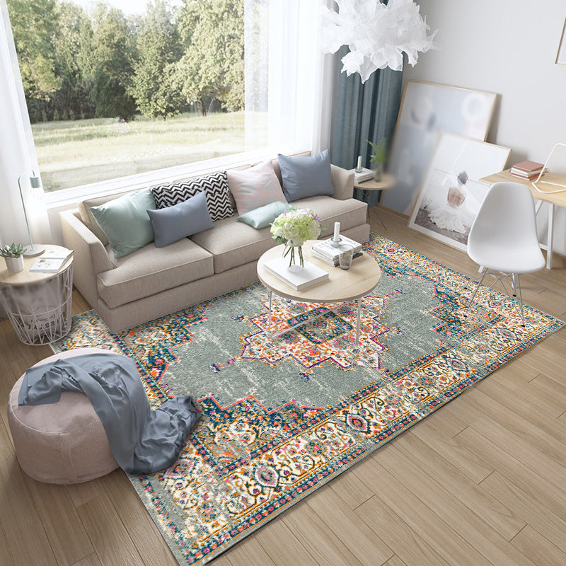 Sikunuo | Moroccan living room rug in green medallion floral pattern rug polyester non-slip backing rug