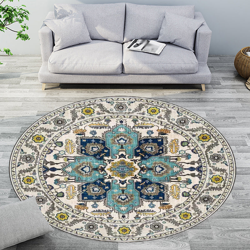 Sikunuo | Classic medallion pattern rug with floral blue and red tribal rug made of washable polyester non-slip backing rug for the living room