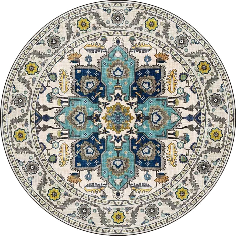 Sikunuo | Classic medallion pattern rug with floral blue and red tribal rug made of washable polyester non-slip backing rug for the living room