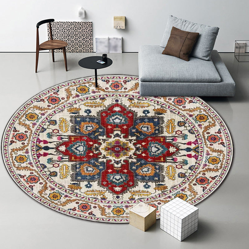 Sikunuo | Classic medallion pattern rug with floral blue and red tribal rug made of washable polyester non-slip backing rug for the living room