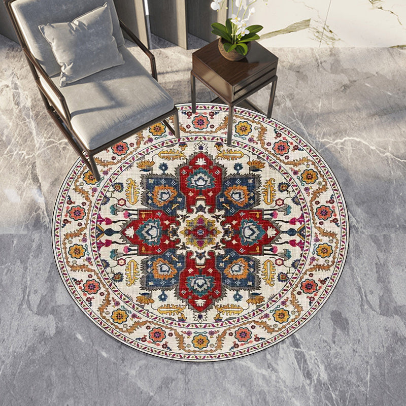 Sikunuo | Classic medallion pattern rug with floral blue and red tribal rug made of washable polyester non-slip backing rug for the living room