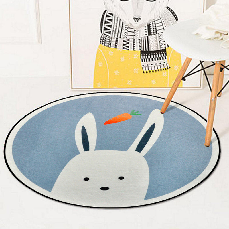 Sikunuo | Blue and Ivory Children's Room Carpet Child Animals Rabbit Owl Elephant Penguin Pattern Area Rug Polyester Washable Carpet