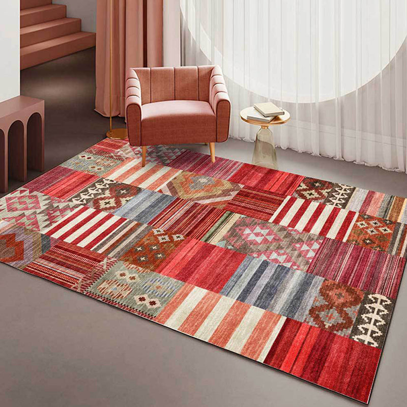 Sikunuo | American Tribal Striped Pattern Carpet Red Polyester Carpet Machine Washable Non-Slip Back Living Room Carpet for Bedroom