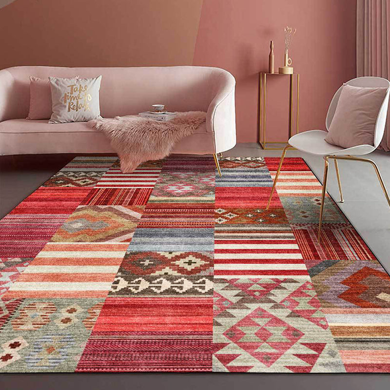 Sikunuo | American Tribal Striped Pattern Carpet Red Polyester Carpet Machine Washable Non-Slip Back Living Room Carpet for Bedroom