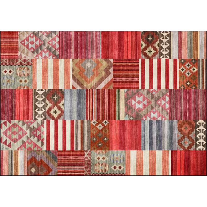 Sikunuo | American Tribal Striped Pattern Carpet Red Polyester Carpet Machine Washable Non-Slip Back Living Room Carpet for Bedroom