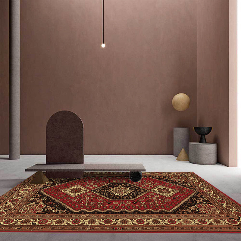 Sikunuo | Red and Brown Bedroom Rug Moroccan Medallion Floral Pattern Area Rug Polyester Stain Resistant Rug