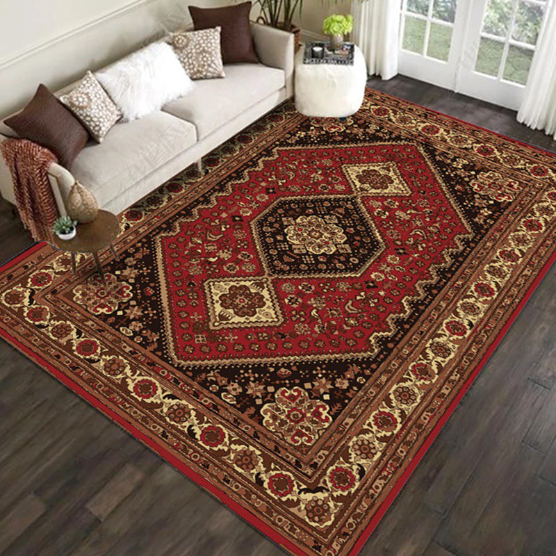 Sikunuo | Red and Brown Bedroom Rug Moroccan Medallion Floral Pattern Area Rug Polyester Stain Resistant Rug