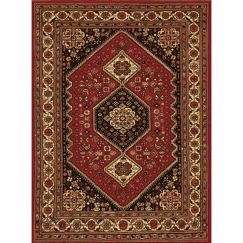 Sikunuo | Red and Brown Bedroom Rug Moroccan Medallion Floral Pattern Area Rug Polyester Stain Resistant Rug