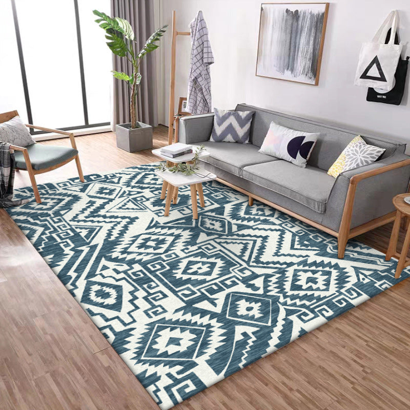 Sikunuo | Tribal Southwest rug in blue and white geometric pattern rug polyester pet-friendly rug for home decoration