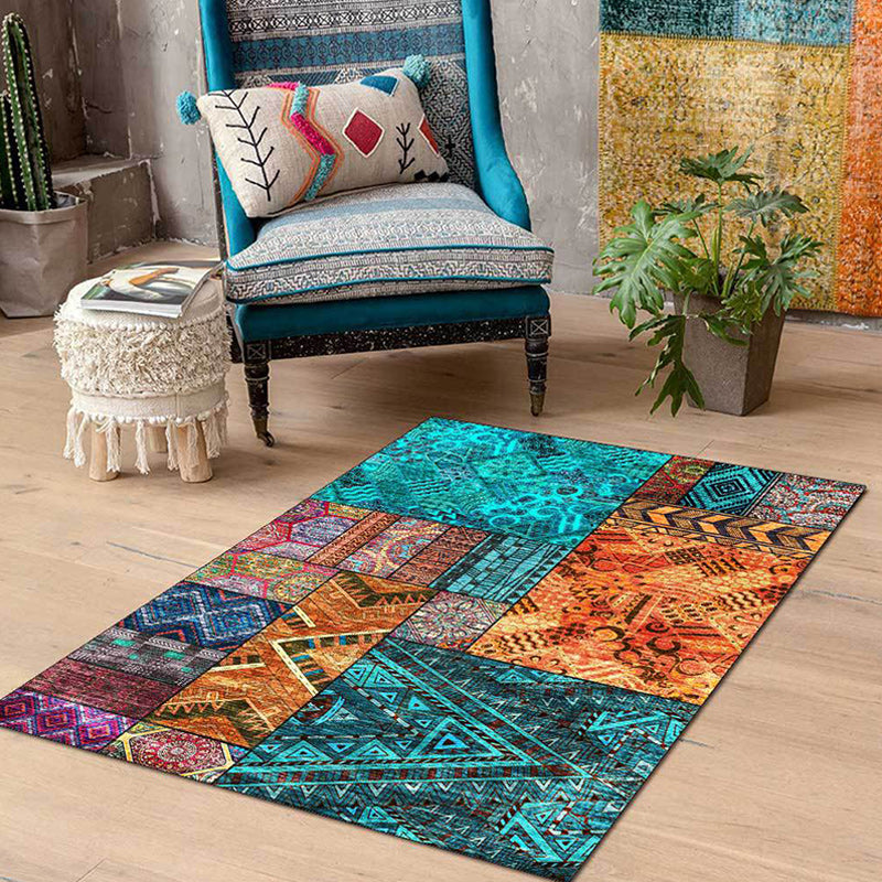 Sikunuo | Traditional Tribal Pattern Carpet Blue and Orange Southeast Carpet Polyester Machine Washable Non-Slip Back Carpet for Bedroom