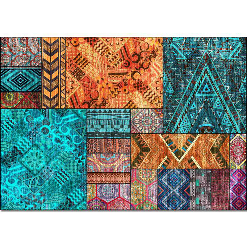 Sikunuo | Traditional Tribal Pattern Carpet Blue and Orange Southeast Carpet Polyester Machine Washable Non-Slip Back Carpet for Bedroom