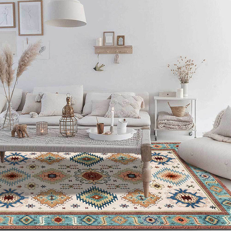 Sikunuo | Vintage Tribal Print Rug Light Blue Americana Rug Polyester Machine Washable Non-Slip Back Rug for Bedroom