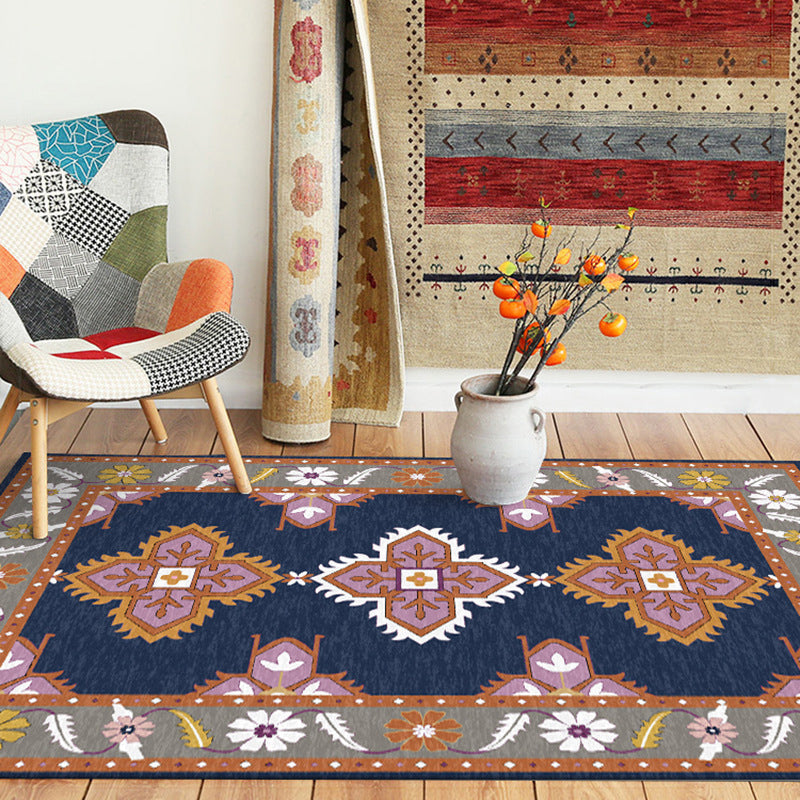 Sikunuo | Eastern Moroccan rug in blue and gray medallion flower petal pattern rug polyester non-slip rug for home decor