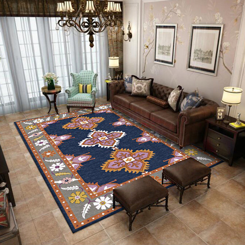 Sikunuo | Eastern Moroccan rug in blue and gray medallion flower petal pattern rug polyester non-slip rug for home decor