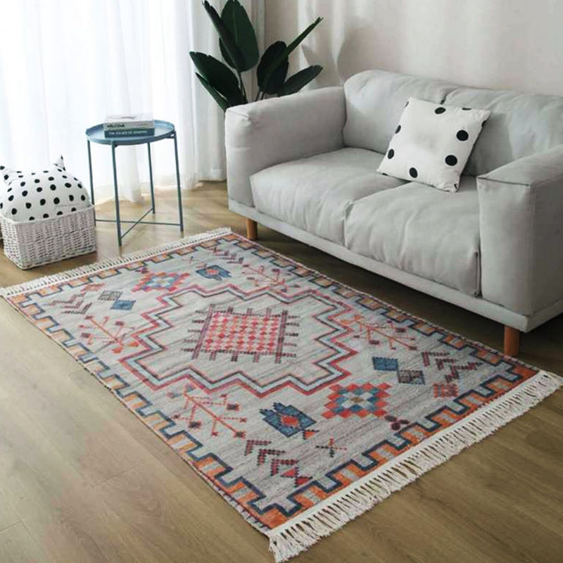 Sikunuo | Gray and blue southwestern carpet linen tribal and geometric pattern carpet washable fringe back for the living room