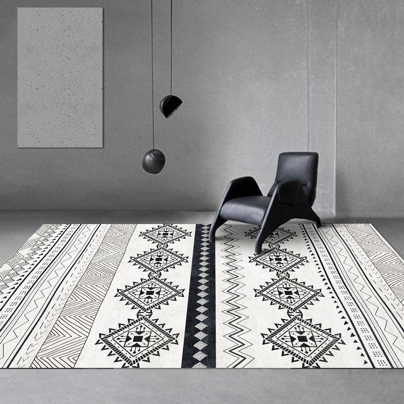 Sikunuo | Vintage Southwestern Geometric Pattern Carpet White Tribal Carpet Polyester Washable Non-Slip Back Carpet for Living Room