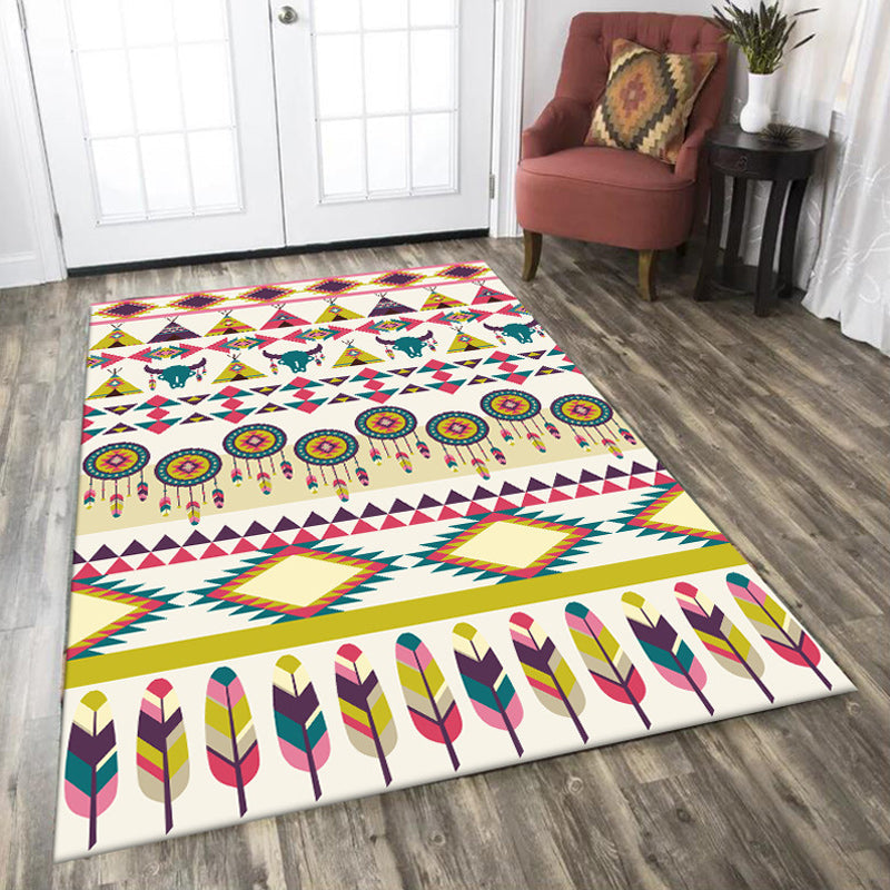 Sikunuo | Tribal Cow Pattern Rug with Feather Yellow Polyester Rug Machine Washable Non-Slip Back Area Rug for Bedroom