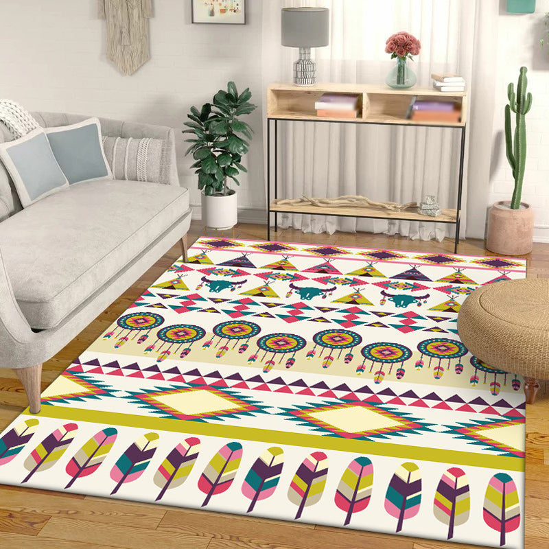 Sikunuo | Tribal Cow Pattern Rug with Feather Yellow Polyester Rug Machine Washable Non-Slip Back Area Rug for Bedroom