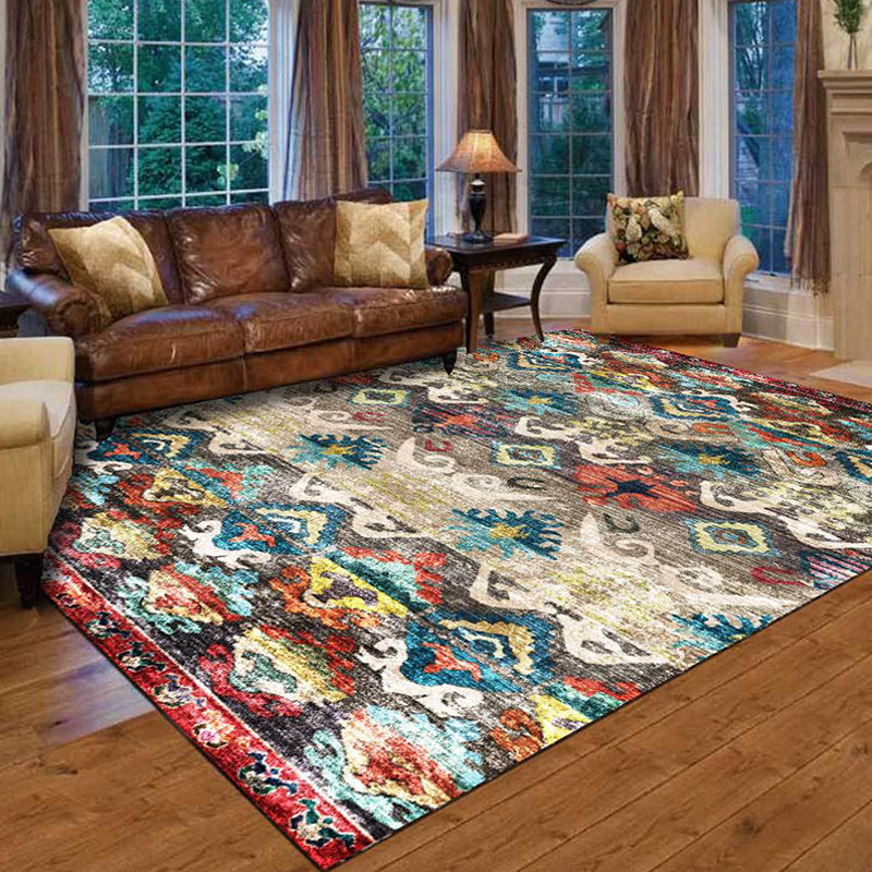 Sikunuo | Retro Tribal Pattern Rug Multicolor Polyester Rug Machine Washable Non-Slip Backing Rug for Living Room