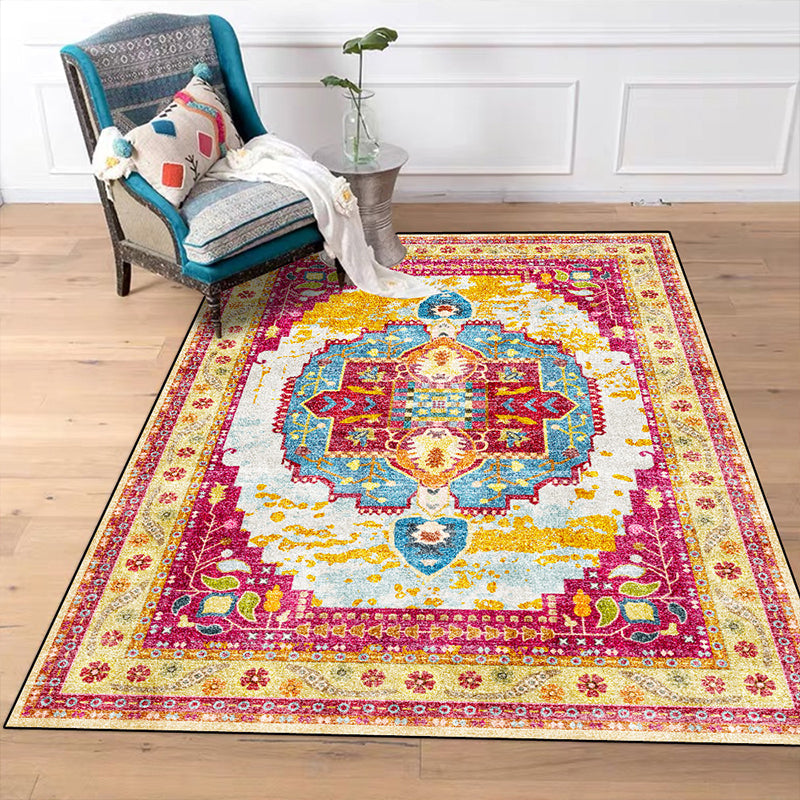 Sikunuo | Moroccan Living Room Rug in Yellow and Pink Medallion Flower Leaf Geometric Print Rug Polyester Non-Slip Back Area Rug