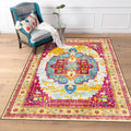 Sikunuo | Moroccan Living Room Rug in Yellow and Pink Medallion Flower Leaf Geometric Print Rug Polyester Non-Slip Back Area Rug