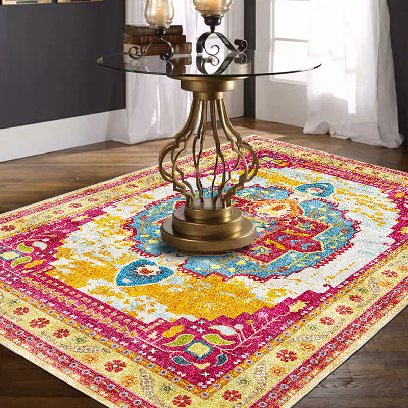 Sikunuo | Moroccan Living Room Rug in Yellow and Pink Medallion Flower Leaf Geometric Print Rug Polyester Non-Slip Back Area Rug