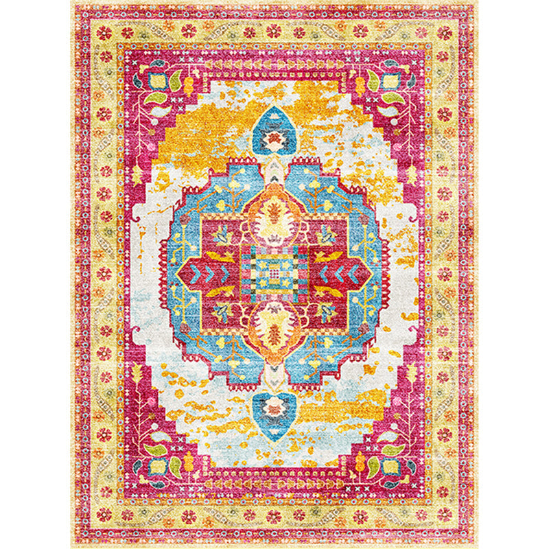 Sikunuo | Moroccan Living Room Rug in Yellow and Pink Medallion Flower Leaf Geometric Print Rug Polyester Non-Slip Back Area Rug