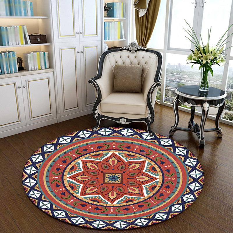 Sikunuo | Persian Medallion Pattern Carpet Red Polyester Carpet Machine Washable Non-slip Carpet for the Bedroom