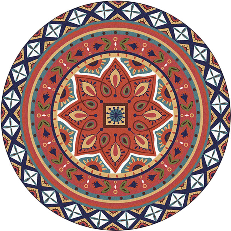 Sikunuo | Persian Medallion Pattern Carpet Red Polyester Carpet Machine Washable Non-slip Carpet for the Bedroom