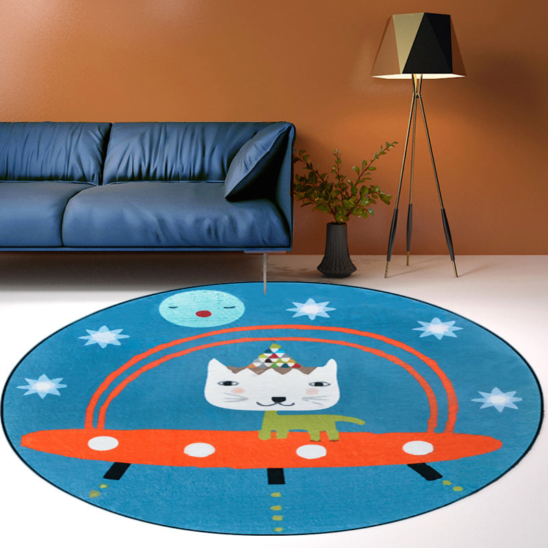 Sikunuo | Beautiful children's rug in blue animal cat spaceship pattern rug polyester anti-slip mat rug for the children's room
