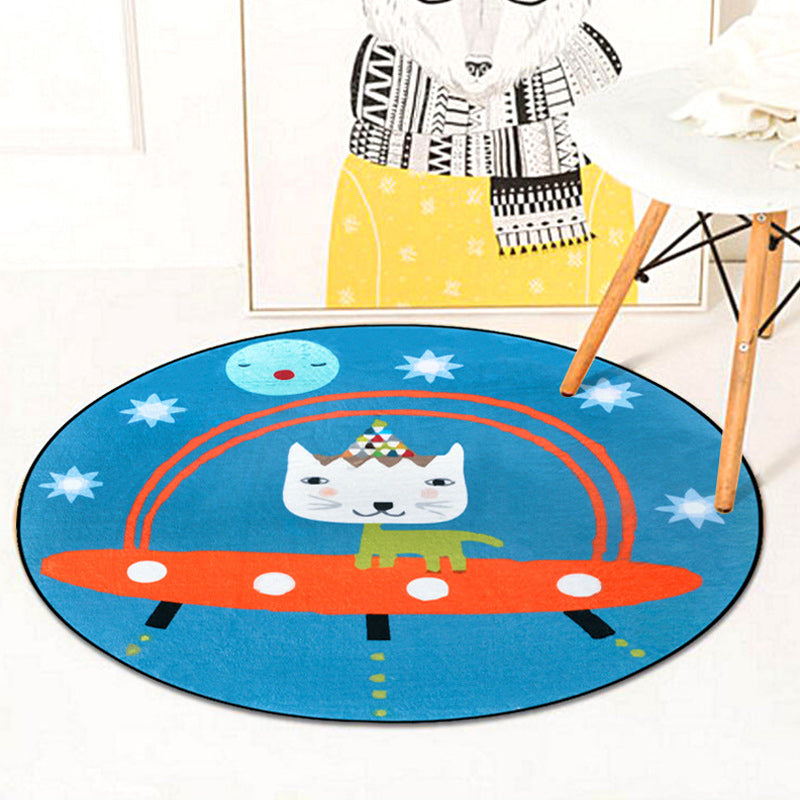 Sikunuo | Beautiful children's rug in blue animal cat spaceship pattern rug polyester anti-slip mat rug for the children's room