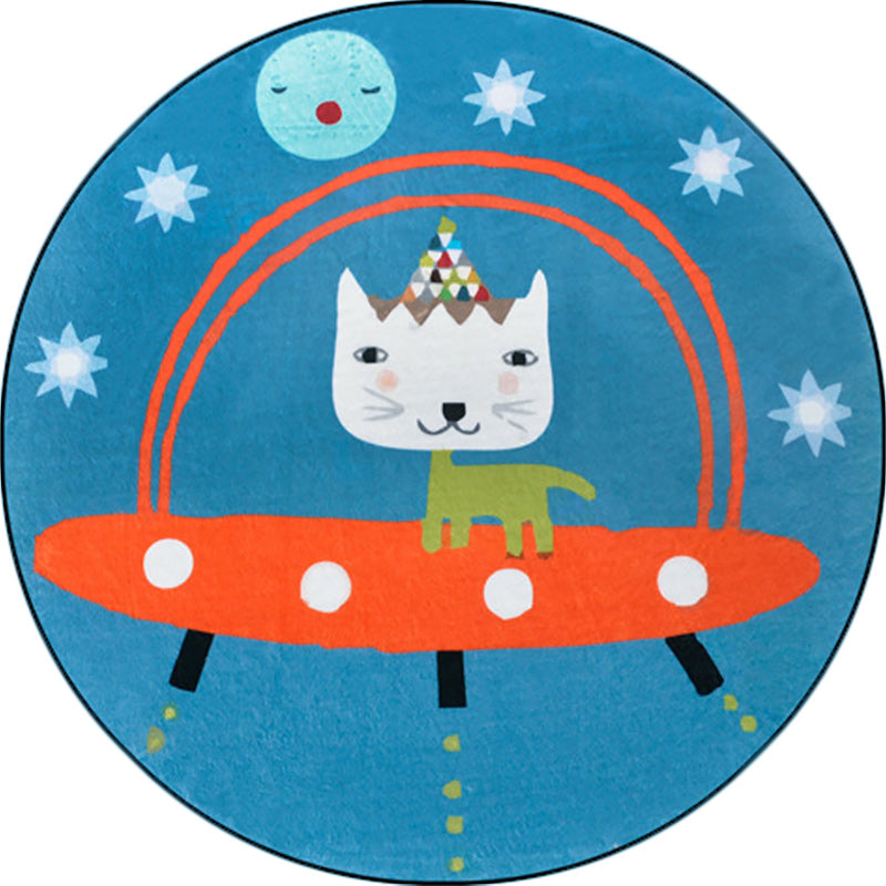 Sikunuo | Beautiful children's rug in blue animal cat spaceship pattern rug polyester anti-slip mat rug for the children's room