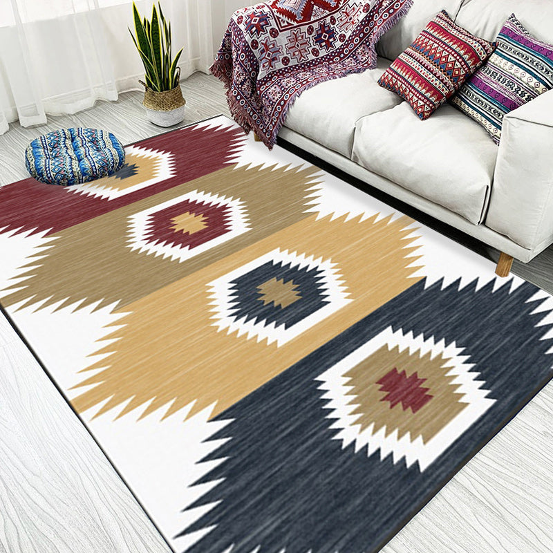 Sikunuo | White and brown bedroom carpet with southwestern geometric pattern, area rug made of polyester with non-slip backing