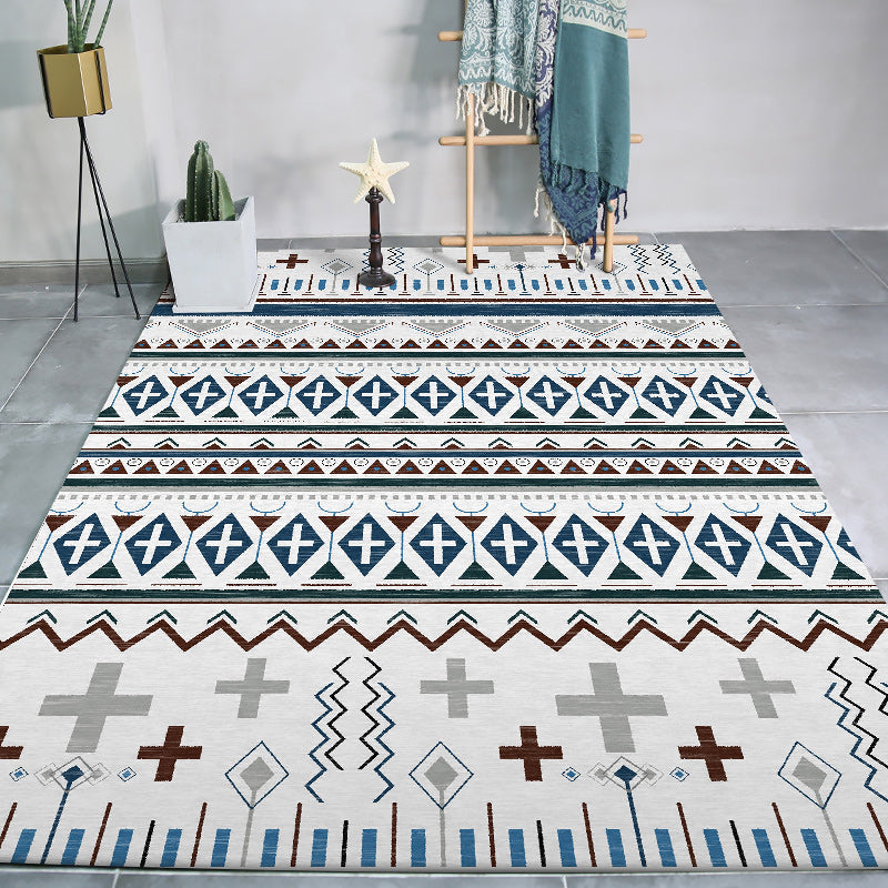 Sikunuo | Tribal Southwestern rug with white geometric cross pattern rug polyester pet-friendly rug for home decor