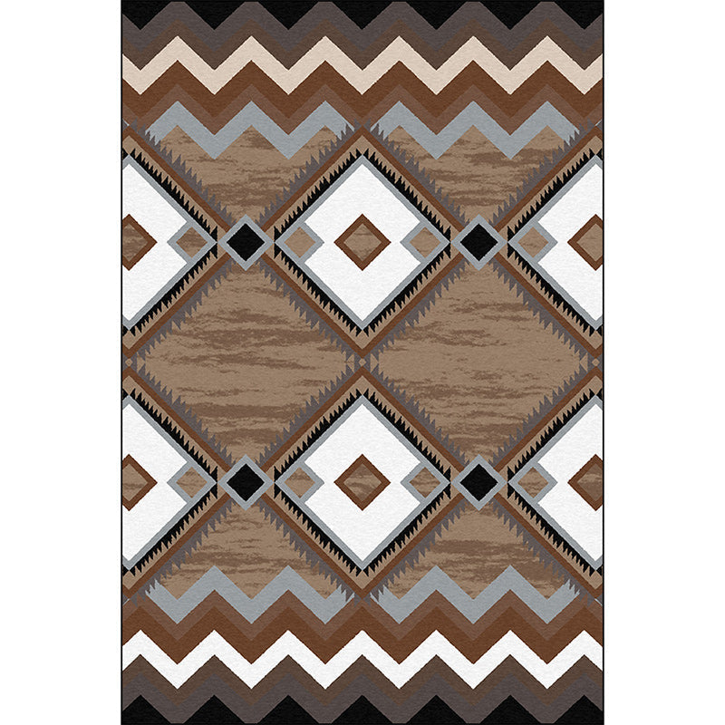 Sikunuo | Brown Bedroom Carpet Southwestern Geometric Diamond Wave Pattern Area Rug Polyester Non-Slip Rug