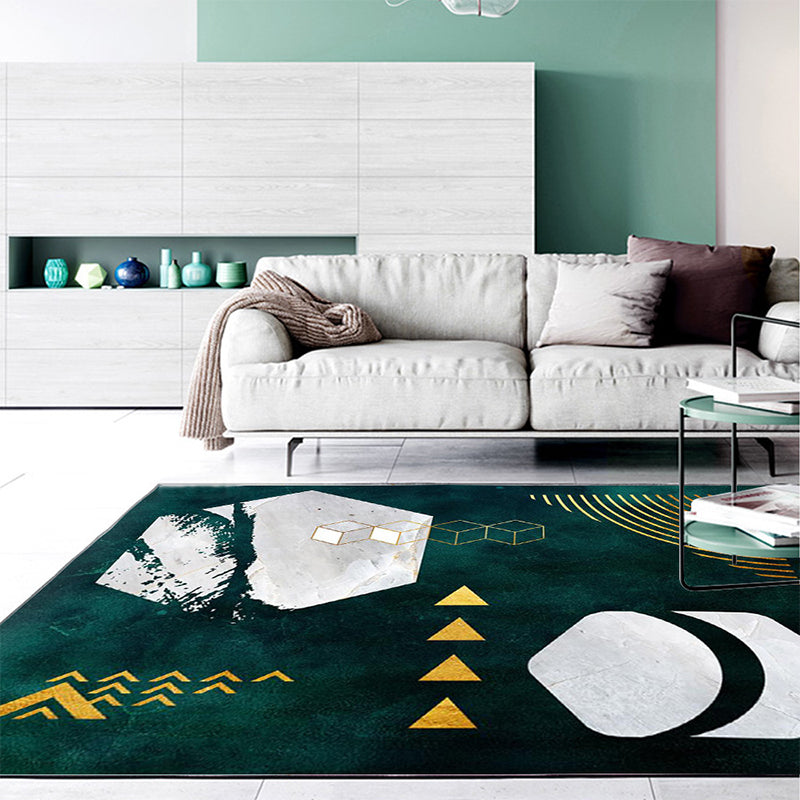 Sikunuo | Novelty Geometric Print Area Rug Dark Green Polyester Rug Machine Washable Non-Slip Area Rug for Bedroom