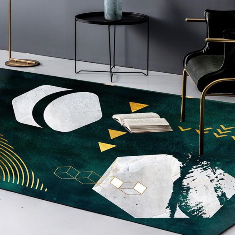 Sikunuo | Novelty Geometric Print Area Rug Dark Green Polyester Rug Machine Washable Non-Slip Area Rug for Bedroom