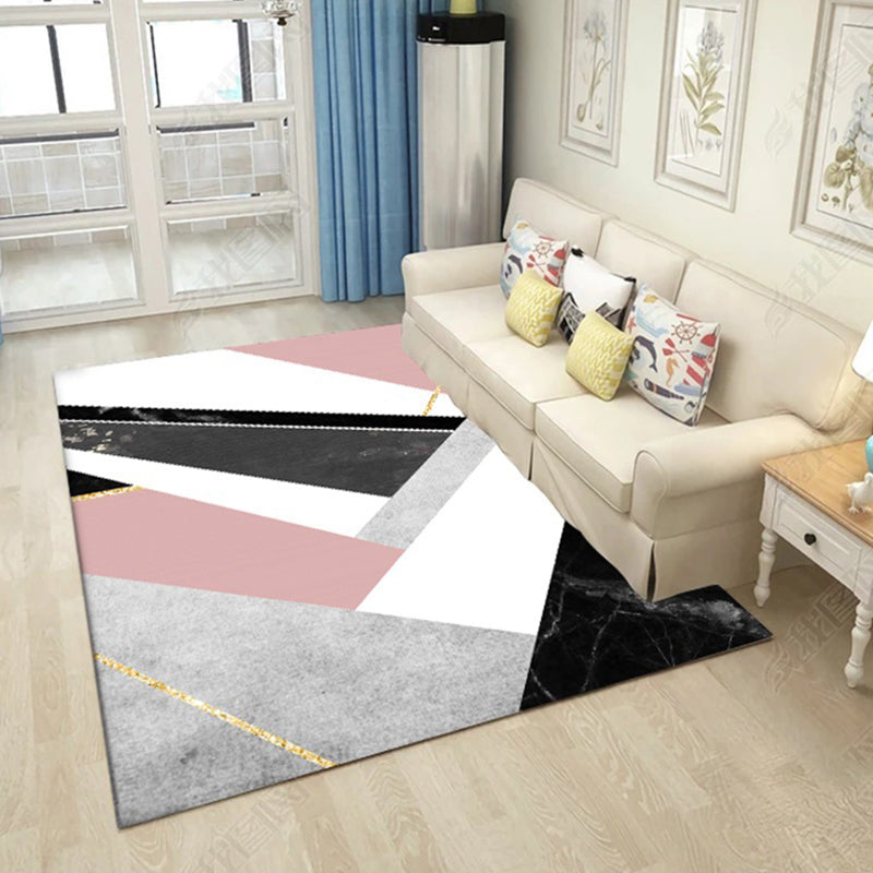 Sikunuo | Pink and Black Bedroom Carpet Modern Color Block Geometric Marble Pattern Area Rug Polyester Non-Slip Rug