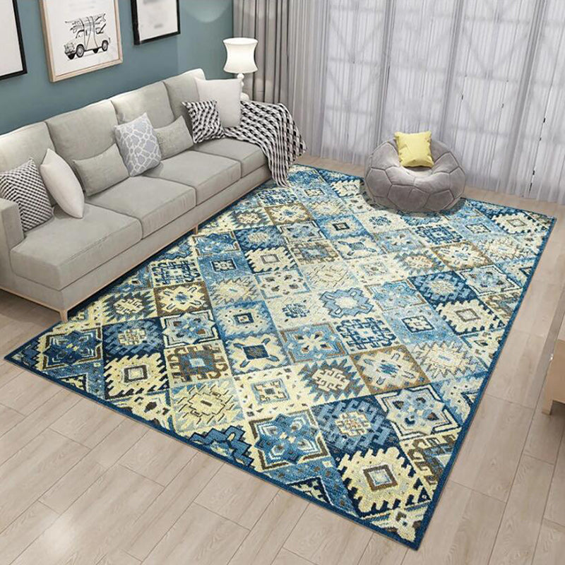 Sikunuo | Moroccan Living Room Rug in Blue Diamond Print Rug Polyester Stain Resistant Non-Slip Area Rug