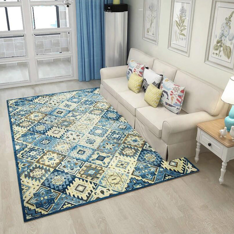 Sikunuo | Moroccan Living Room Rug in Blue Diamond Print Rug Polyester Stain Resistant Non-Slip Area Rug