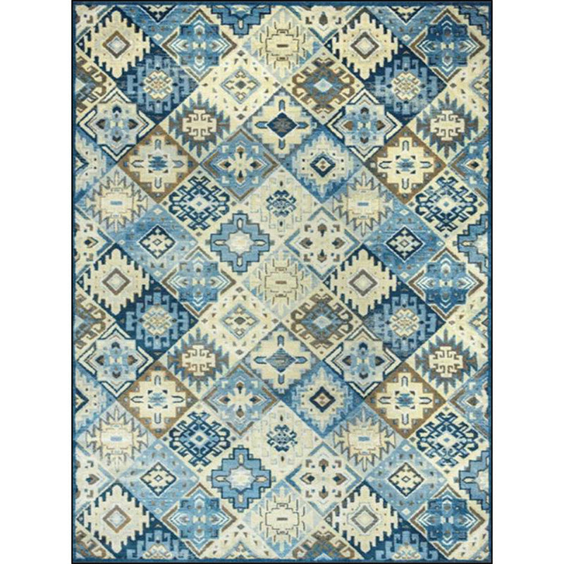 Sikunuo | Moroccan Living Room Rug in Blue Diamond Print Rug Polyester Stain Resistant Non-Slip Area Rug