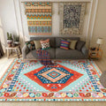 Sikunuo | Blue and Orange Bedroom Rug Moroccan Medallion Circle Diamond Pattern Rug Polyester Non-Slip Washable Rug