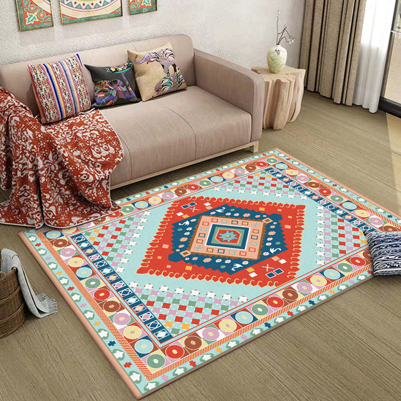 Sikunuo | Blue and Orange Bedroom Rug Moroccan Medallion Circle Diamond Pattern Rug Polyester Non-Slip Washable Rug