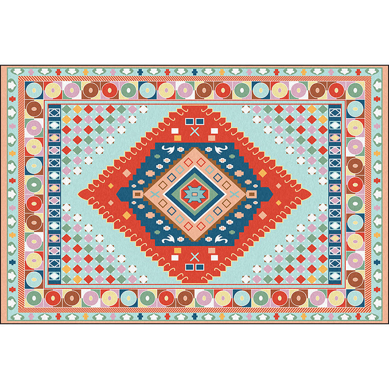 Sikunuo | Blue and Orange Bedroom Rug Moroccan Medallion Circle Diamond Pattern Rug Polyester Non-Slip Washable Rug