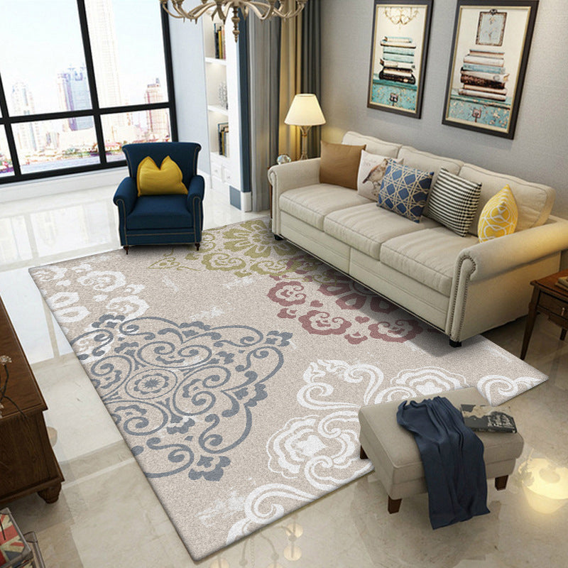 Sikunuo | Classic Floral Pattern Rug Light Brown Polyester Rug Machine Washable Non-Slip Area Rug for Bedroom