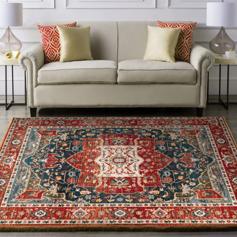 Sikunuo | Oriental Moroccan carpet in blue and red medallion floral pattern carpet polyester washable rug for home decor