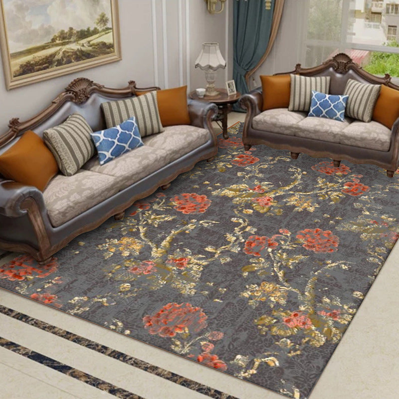 Sikunuo | Dark Gray Vintage Carpet Polyester Flower and Leaf Pattern Carpet Washable Non-Slip Back Carpet for Living Room