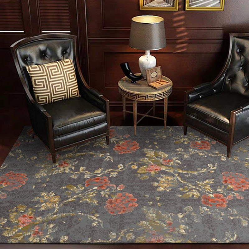 Sikunuo | Dark Gray Vintage Carpet Polyester Flower and Leaf Pattern Carpet Washable Non-Slip Back Carpet for Living Room